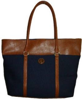 Tommy Hilfiger Women's Large Tote Handbag, Navy Canvas Trimmed With Tan Top Handle Handbags Clothing