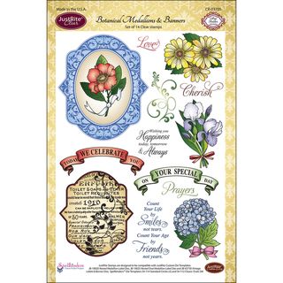 JustRite Stampers 6"x8" Clear Stamp Set Botanical Medallions & Banners 14pc Justrite Clear & Cling Stamps