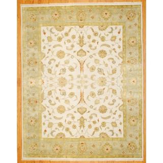 Indo Hand knotted Tabriz Ivory/ Light Green Wool/ Silk Rug (8' x 10') 7x9   10x14 Rugs