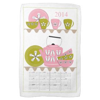 2014 Calendar Tea Towel Cute Pink Green MidCentury