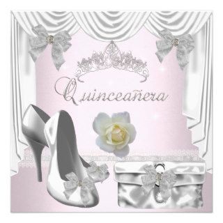 Quinceanera 15th Birthday Silver White Rose Pink Announcement