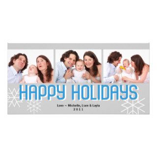 Modern holiday triptych blue gray happy holiday photo card template