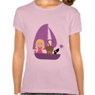 Cute cartoon girl & pets in boat pink T shirt