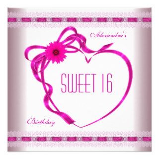 Pink White Sweet Sixteen 16 Birthday Heart Bow Custom Invitation