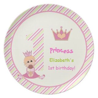 Little princess and crown girls 1st birthday pink party plates