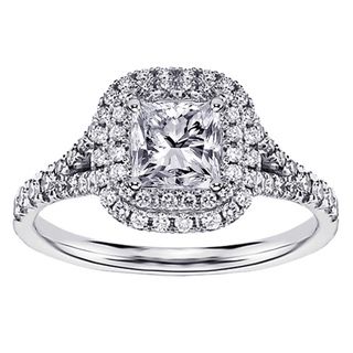14k White Gold 1 1/2 Ct TW Micro Pave Set Princess Cut Designer Halo Engagement Ring Engagement Rings