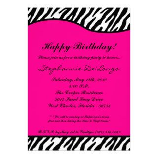 5x7 Hot Pink Zebra Birthday Party Invitation