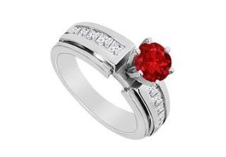 Round Natural Ruby and Diamond Princess Cut Engagement Ring in 14K White Gold 1.25 Carat TGW LOVEBRIGHT Jewelry