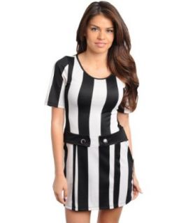 247 Frenzy Women's Vertical Stripe Short Sleeve Dress with Waist Tabs