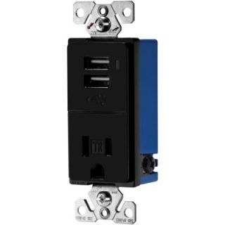Cooper Wiring Devices 15 Amp Decorator USB Charging Electrical Outlet   Black TR7740BK BOX