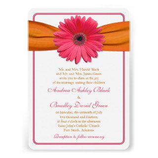 Pink Gerber Daisy Orange Ribbon Wedding Invitation