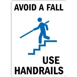 SmartSign Adhesive Vinyl Label, Legend "Avoid a Fall, Use Handrails" with Graphic, 5" high x 3.5" wide, Black/Blue on White Industrial Warning Signs