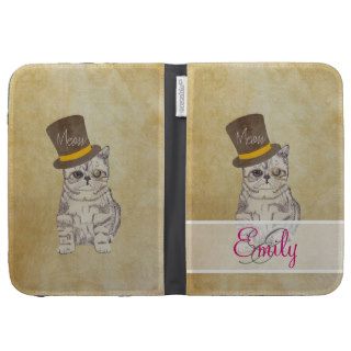 Monogram Funny Cat Sketch Monocle and Top Hat Case For The Kindle