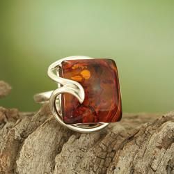 Sterling Silver Freeform Cognac Baltic Amber Ring (Lithuania) Rings