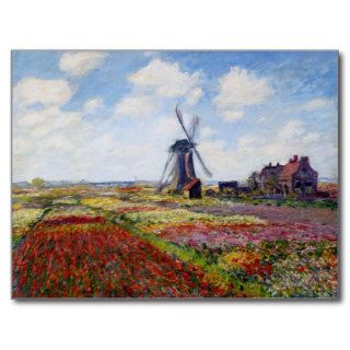 Monet Field of Tulips With Windmill Postcard