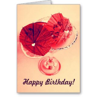 Red cocktail umbrellas retro happy birthday greeting card