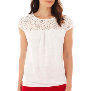 St. Johns Bay Short Sleeve Lace Banded Bottom Tee, White, Womens