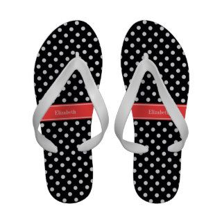 Black White Polka Dots Coral Red Name Monogram Sandals
