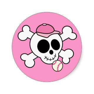 Pink Skull and Crossbones Baseball Round Stickers