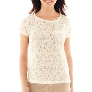 Allover Lace Pocket Tee, Cream, Womens
