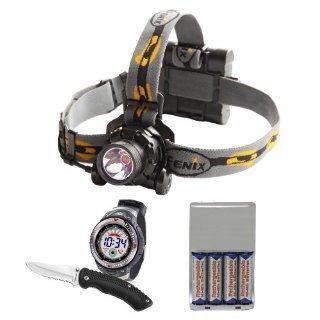 Fenix HP11 Waterproof LED Headlamp 277 Lumens   Bundle with 4 Rechargeable Batteries and Recharger and Knife and Watch Set    