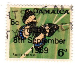 Postage Stamps Jamaica. One Single 5c on 6p Multicolored Papilio Homerus Stamp Dated 1969, Scott #283. 