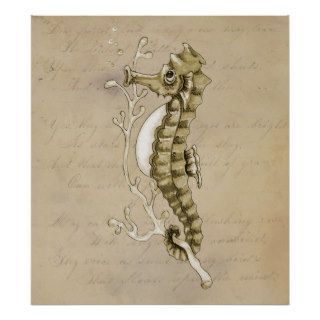 Old Fashioned Seahorse on Vintage Paper Background Print