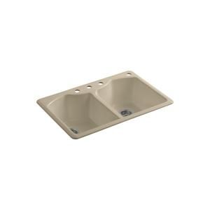 KOHLER Bellegrove Top Mount Cast Iron 33x22x9 5/8 4 Hole Double Bowl Kitchen Sink in Mexican Sand K 6482 4A4 33