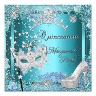 Masquerade Quinceanera 15th Party Blue Tiara Shoe Personalized Invite