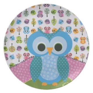 Trendy Pink Blue Polka Dots Floral Owl Pattern Plate