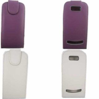 Flip Case Cover Skin 2 Pack For Nokia Asha 303 / Purple And White Cell Phones & Accessories