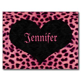 Pink Cheetah Print Black Heart   Custom Name Post Cards