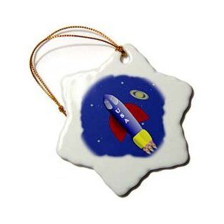 orn_22366_1 777images Designs Graphic Design Toys   Cartoon USA rocket ship headed into space   Ornaments   3 inch Snowflake Porcelain Ornament   Decorative Hanging Ornaments