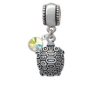 Silver Tortoise Charm Bead with Clear AB Crystal Dangle Jewelry