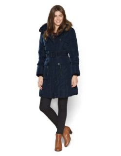 Monsoon Womens Charlee Fur Hooded Long Padded Coat Size X Large Navy
