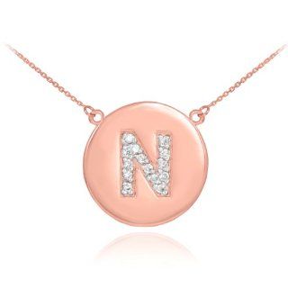 14k Rose Gold Letter "N" Initial Diamond Disc Necklace (16 Inches) Jewelry