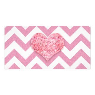 Glitter Pink Love Heart pink girly chevron pattern Photo Cards