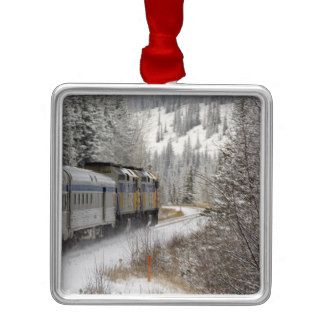 Canada, Alberta. VIA Rail Snow Train between Christmas Ornaments