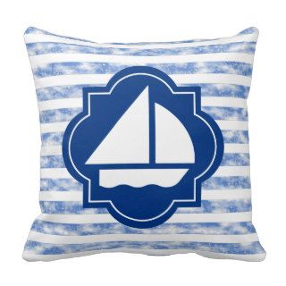 Sail Boat Silhouette With Nautical Blue Stripes Pillows
