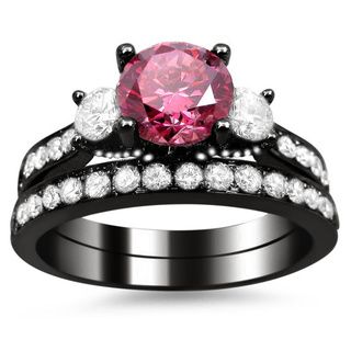 18k Black Gold Certified 2 1/2ct Pink and White Round Diamond Bridal Ring Set (G H, SI1 SI2) Bridal Sets