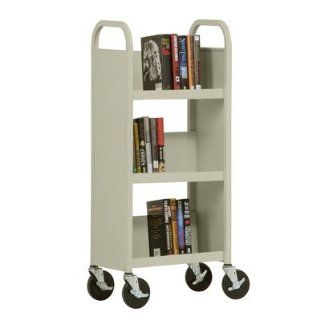 17" W Single Sided Sloped Shelf Mobile Book Truck in Putty  Office Book Racks 