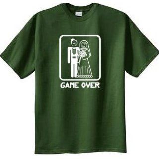 GAME OVER Funny Bride Groom Olive Green Novelty T shirt Clothing