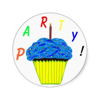 Round Stickers 1st Birthday Party Blue Cupcake