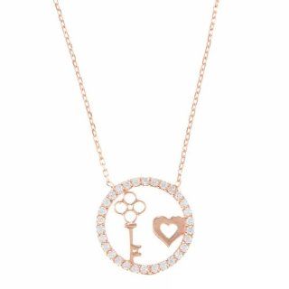 Sterling Silver Rose Plated 16" + 1.5" Extension Heart and Key in CZ Circle Necklace Jewelry
