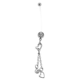 Bioflex Pregnancy Belly Ring with Heart Cubic Zirconia Dangles   14G Body Piercing Rings Jewelry