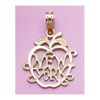 14k Gold Necklace Charm Pendant, New York In Apple Cut out Engraved Million Charms Jewelry