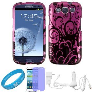Magenta Floral 2 piece Snap on Cover Shield Protector for Samsung Galaxy S III Android Smartphone (fits all Samsung Galaxy S3 models) + Clear Screen Protector + White Car Charger + White Wall Charger + SumacLife TM Wisdom Courage Wristband Cell Phones &am