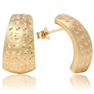 14k Yellow Gold 2.4 Grams Matte, Diamond Cut Finish 0.80" Tall Curved Earrings. Made in Italy Jewelry