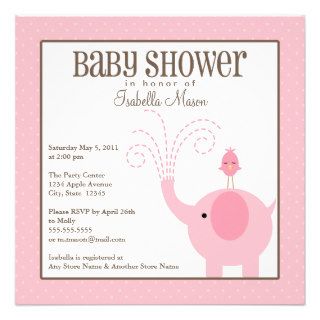 Square Pink Elephant  Baby Shower Invite