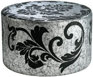 York Floral Scroll Round Silver and Black Ottoman